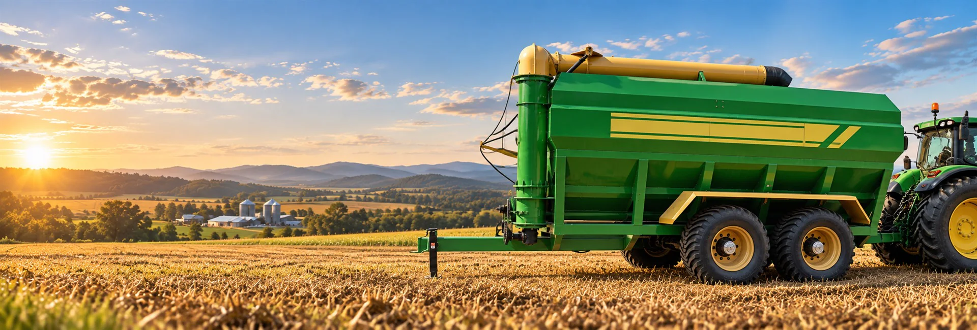 Green and yellow grain transfer cart working on a farm