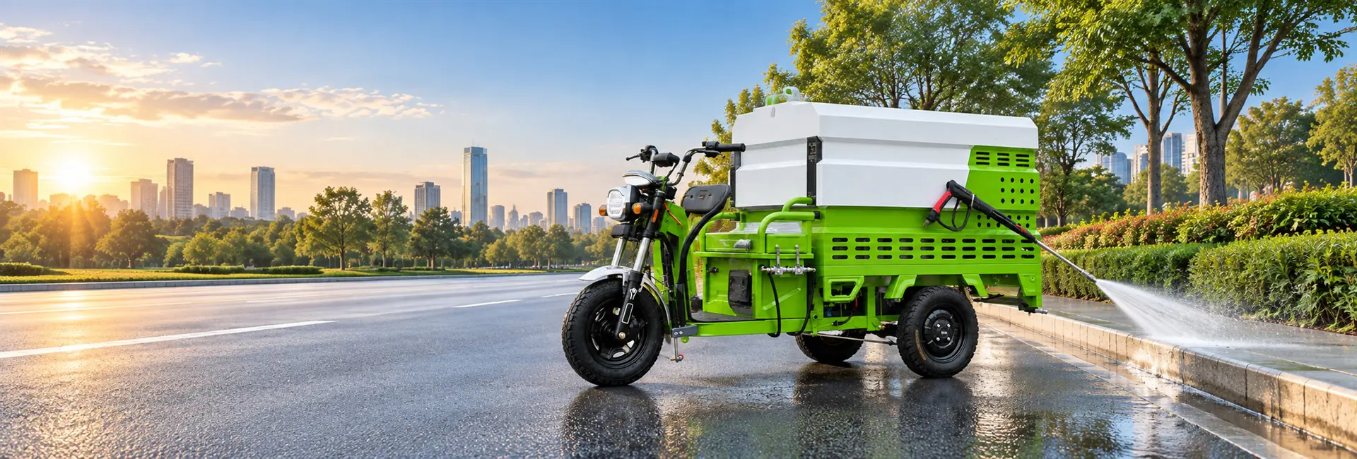 Green electric high-pressure road cleaning vehicle washing an urban curb