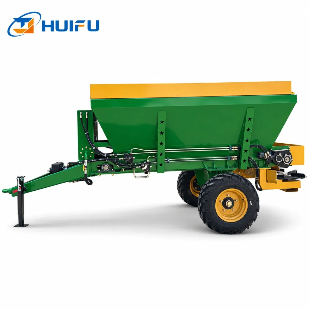 HUIFU 3m³ hydraulic trailed dual-disc manure spreader opposite side view