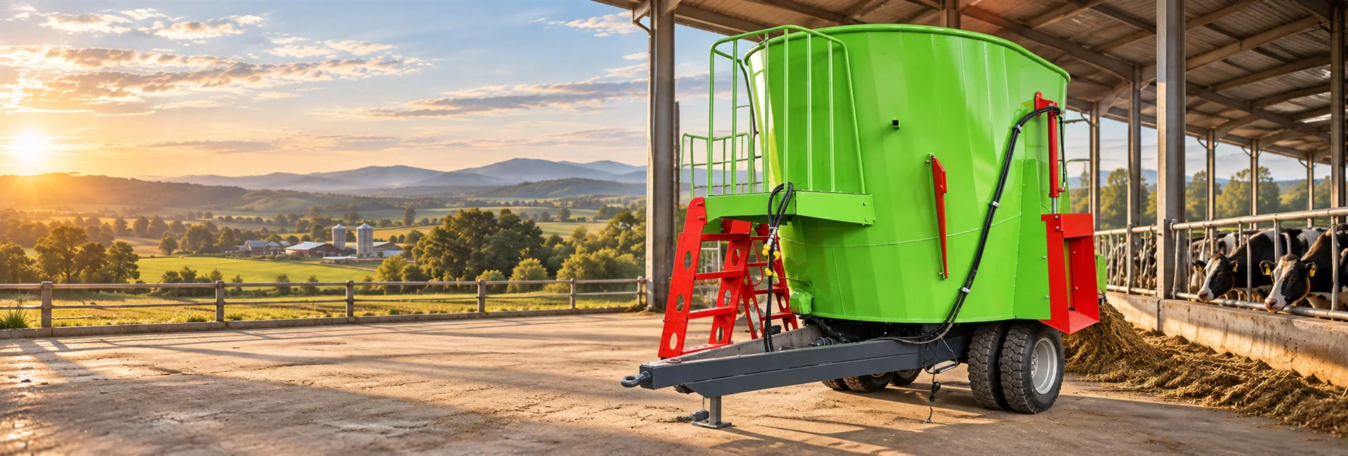 Green vertical TMR feed mixer beside a modern dairy barn