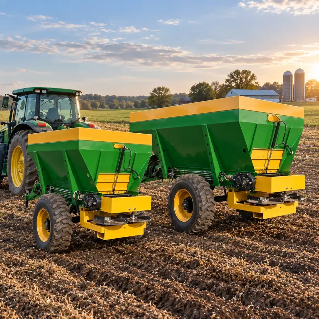 Green and yellow trailed manure spreaders in different capacities working in a farm field