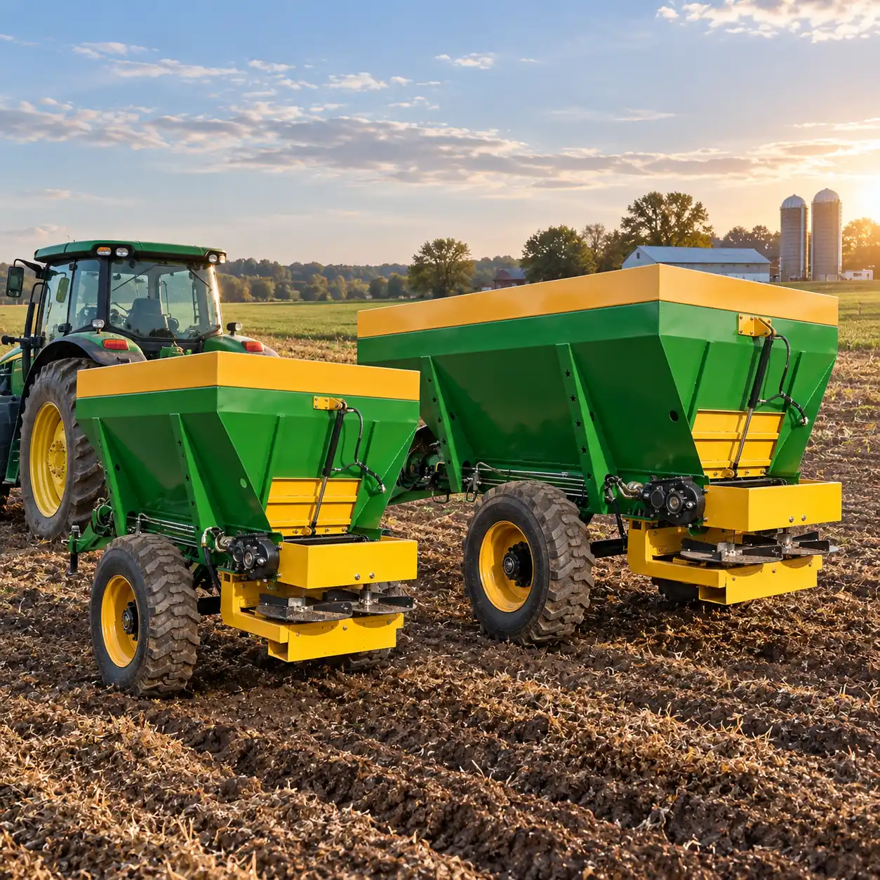 Green and yellow trailed manure spreaders in different capacities working in a farm field