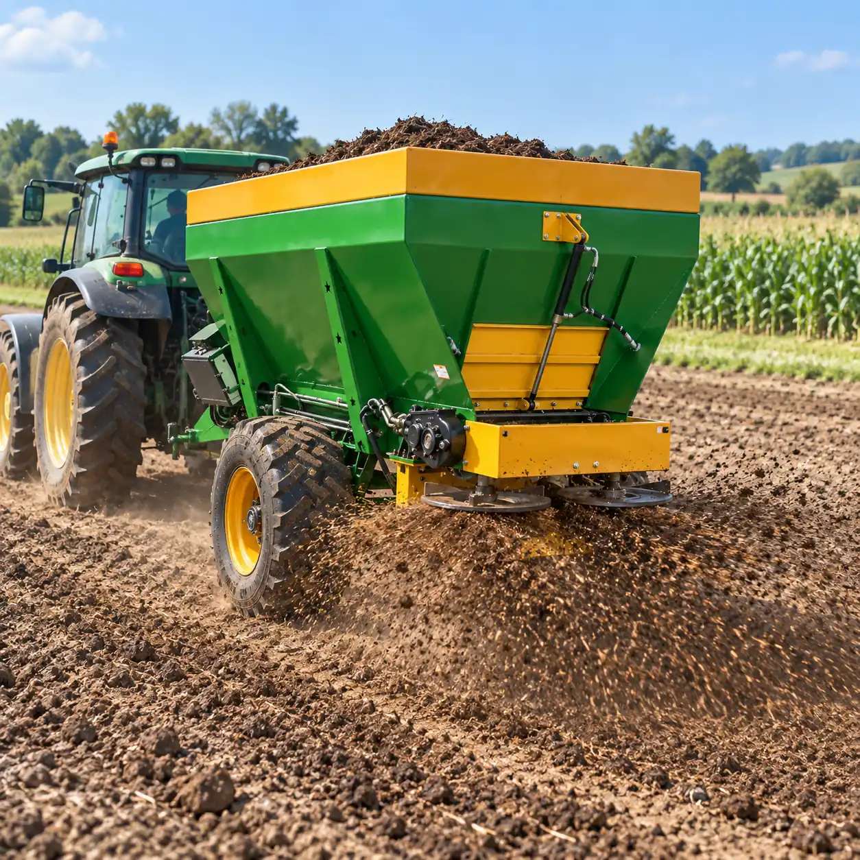 Green and yellow hydraulic dual-disc manure spreader distributing organic fertilizer behind a tractor