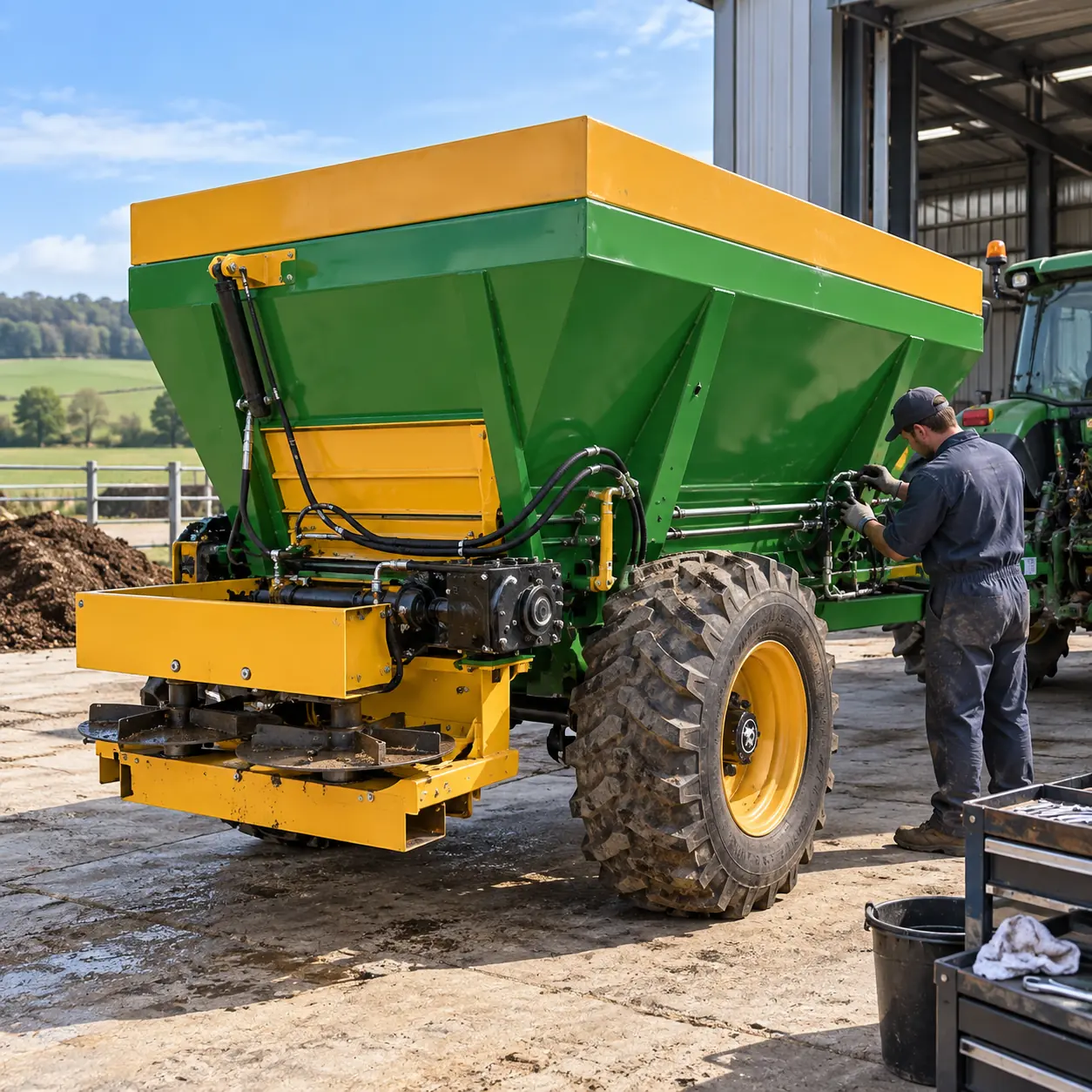 Farm technician inspecting hydraulic hoses on a green and yellow trailed manure spreader